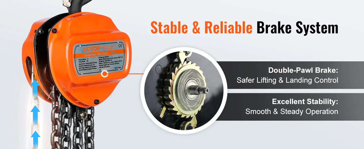 VEVOR hand chain hoist with stable and reliable brake system for safe lifting and landing control.