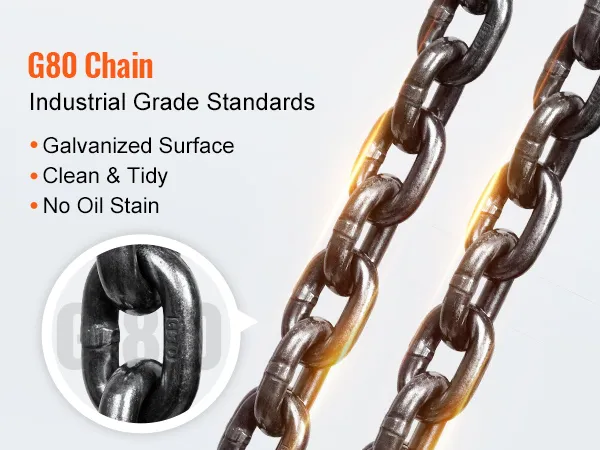g80 chain with galvanized surface, industrial grade standards, clean & tidy, no oil stain for VEVOR hand chain hoist.