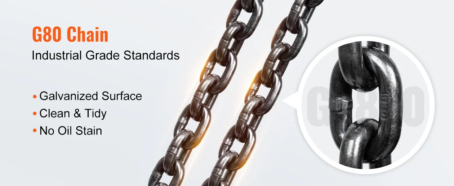 g80 chain with galvanized surface, industrial grade standards, clean & tidy, no oil stain for VEVOR hand chain hoist.