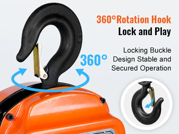 360-degree rotation hook with locking buckle for stable operation on VEVOR hand chain hoist.
