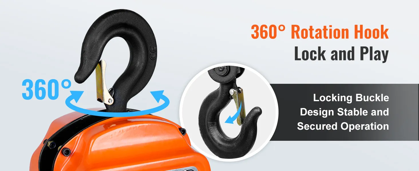 360-degree rotation hook with locking buckle for stable operation on VEVOR hand chain hoist.