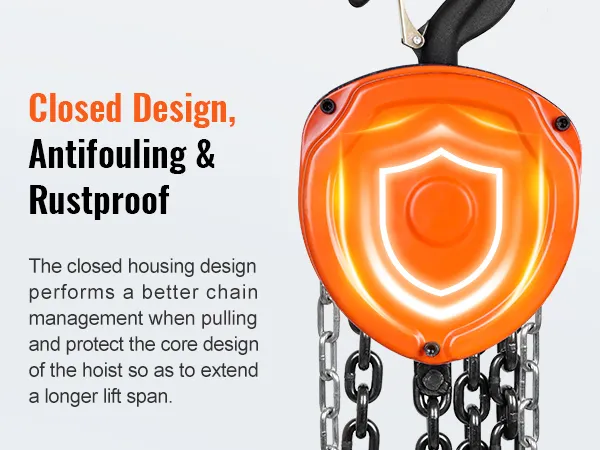 VEVOR hand chain hoist with closed design for better chain management, antifouling, and rustproof protection.