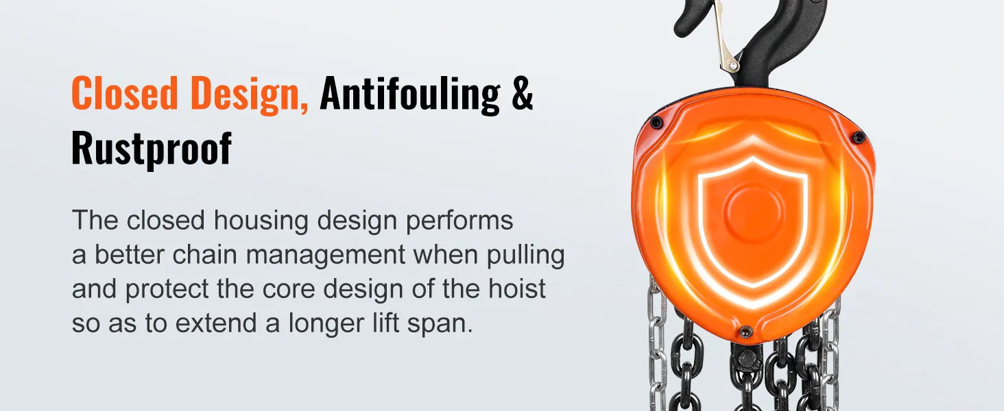 VEVOR hand chain hoist with closed design for better chain management, antifouling, and rustproof protection.