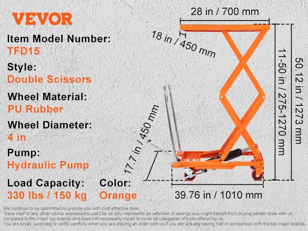 VEVOR hydraulic lift table, tfd15, orange, 330 lbs capacity, double scissors, pu rubber wheels.