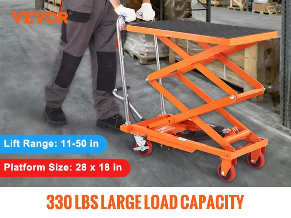 Tavolo elevatore idraulico VEVOR, capacità di 330 libbre, intervallo di sollevamento 11-50 pollici, piattaforma 28x18 pollici, verniciato a polvere.