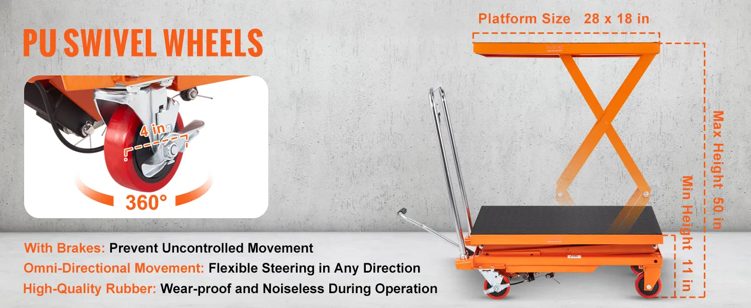 VEVOR hydraulic lift table with 360° pu swivel wheels, platform size 28x18 in, lift range 11-50 in.
