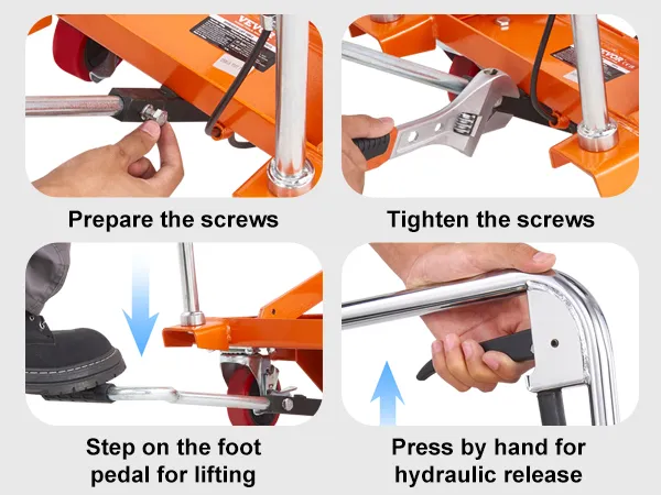 effortless installation and use of VEVOR hydraulic lift table: prepare screws, tighten, pedal lift, release.