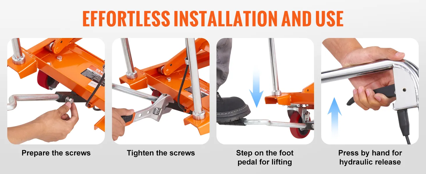 effortless installation and use of VEVOR hydraulic lift table: prepare screws, tighten, pedal lift, release.
