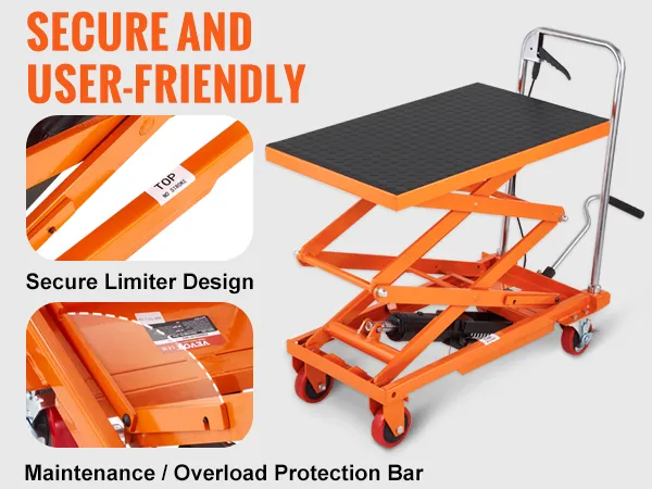 secure and user-friendly VEVOR hydraulic lift table with secure limiter design and non-slip pad.