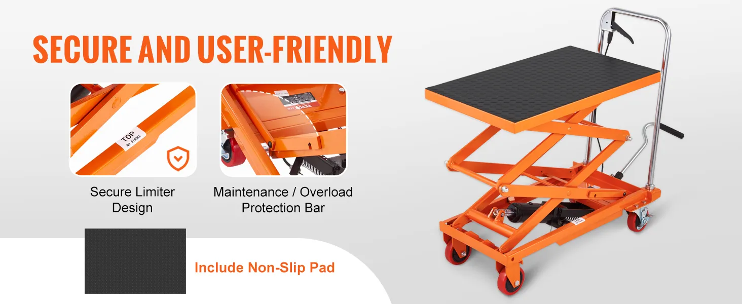 secure and user-friendly VEVOR hydraulic lift table with secure limiter design and non-slip pad.