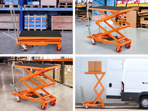 VEVOR hydraulic lift table in various settings: supermarkets, factories, workshops, and warehouses.