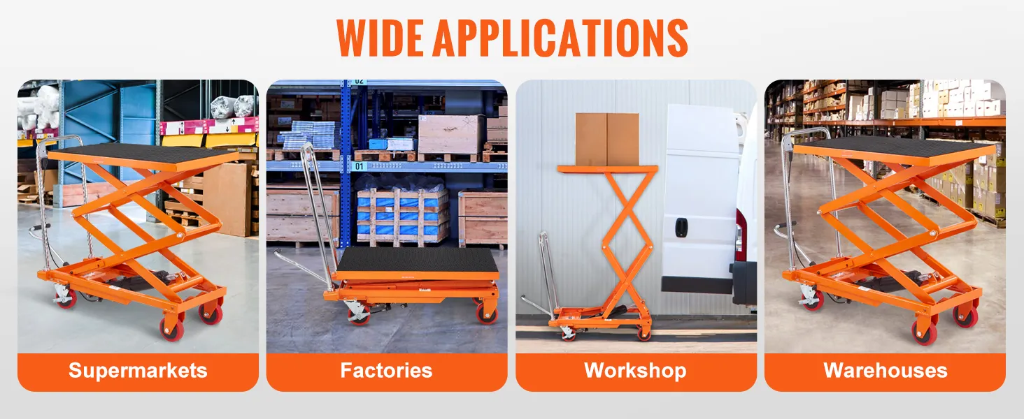 VEVOR hydraulic lift table in various settings: supermarkets, factories, workshops, and warehouses.
