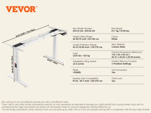 Telaio per scrivania in piedi VEVOR con altezza regolabile, colore bianco, acciaio al carbonio, supporta fino a 125 kg.