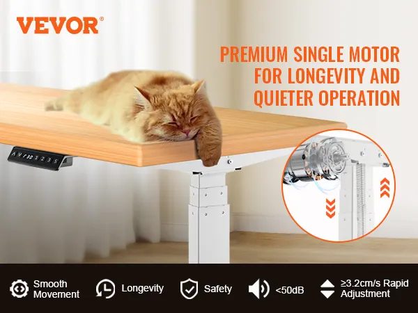 Telaio per scrivania verticale VEVOR con motore singolo di alta qualità, comodo gatto arancione e funzionamento silenzioso.