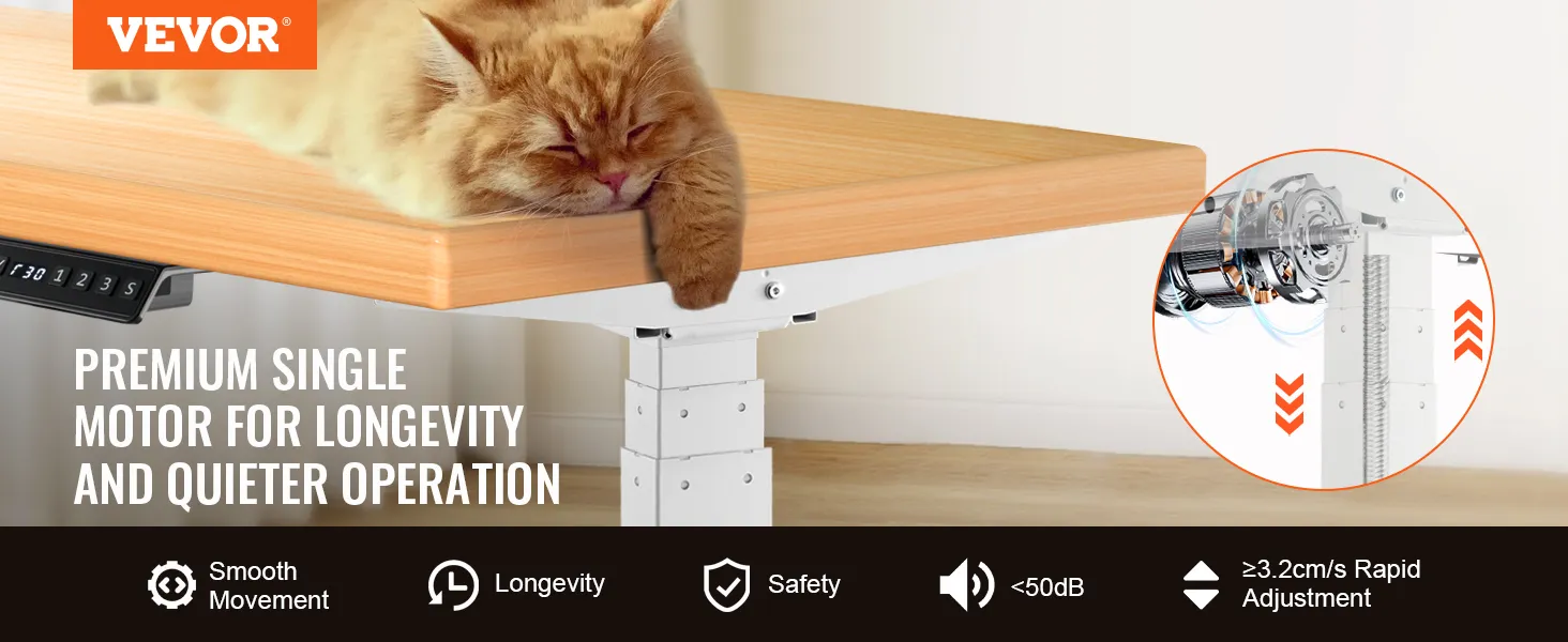 Telaio per scrivania verticale VEVOR con motore singolo di alta qualità, comodo gatto arancione e funzionamento silenzioso.