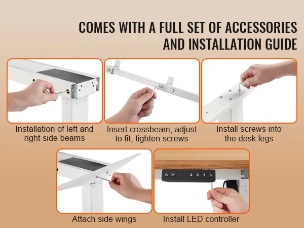 Fasi di installazione per la struttura della scrivania in piedi VEVOR: fissare le travi, inserire la traversa, stringere le viti e installare il controller LED.