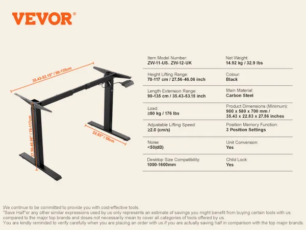 VEVOR staand bureau onderstel met verstelbare hoogte, koolstofstaal, zwart, uitschuifbaar van 90-135 cm.