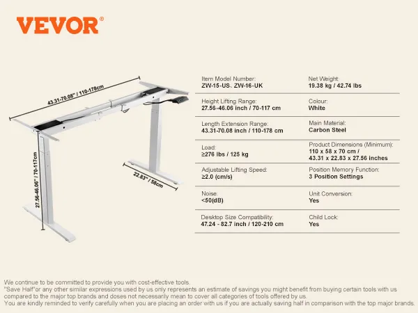 VEVOR standing desk frame in white, adjustable height and length, carbon steel, 3 memory positions.