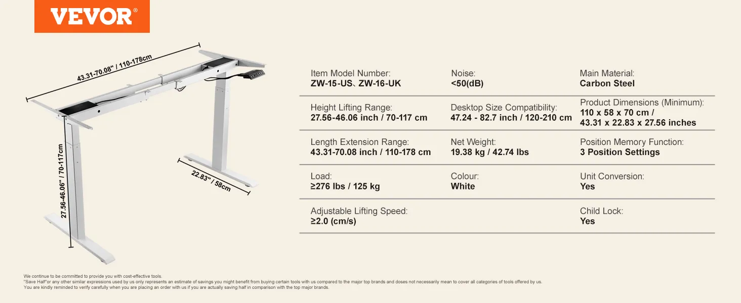 VEVOR standing desk frame in white, adjustable height and length, carbon steel, 3 memory positions.