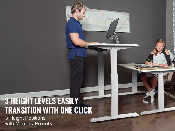 VEVOR standing desk frame with adjustable height positions and memory presets in a modern office setting.