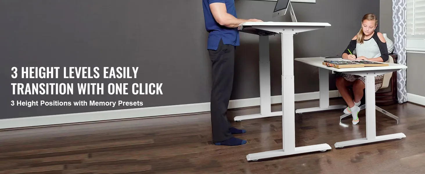 VEVOR standing desk frame with adjustable height positions and memory presets in a modern office setting.