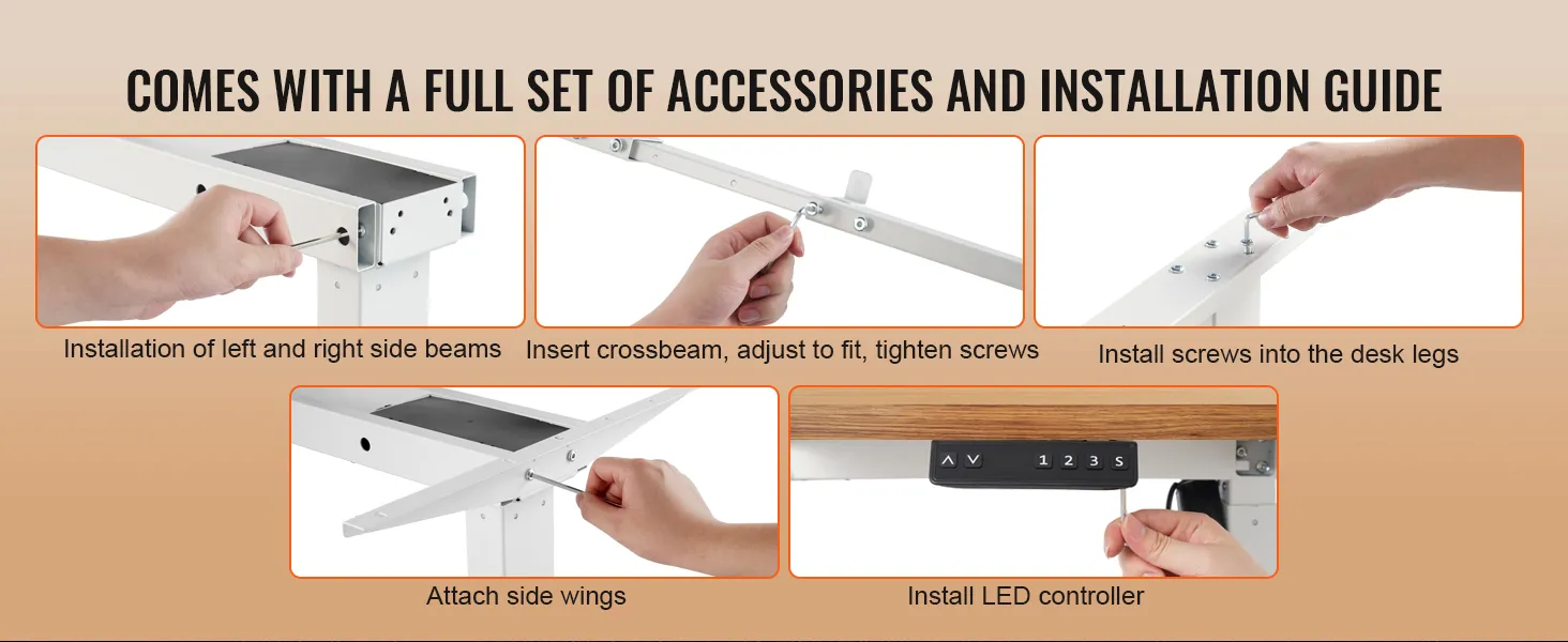 VEVOR standing desk frame assembly instructions: install beams, crossbeam, screws, side wings, and the led controller.