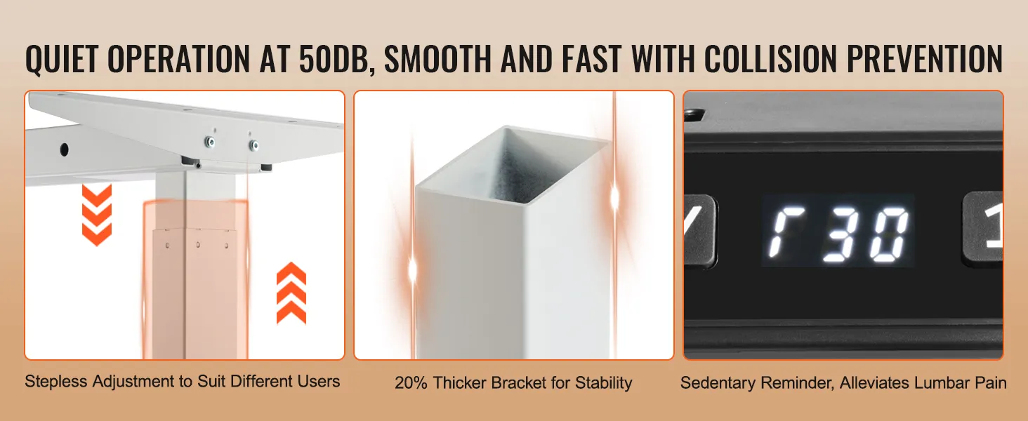 VEVOR standing desk frame offers stepless adjustment, thicker brackets, and a sedentary reminder.