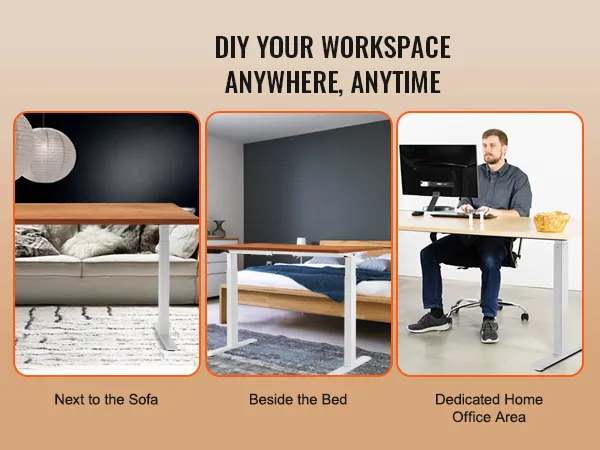 VEVOR standing desk frame in living room, bedroom, and home office for versatile workspace setup.