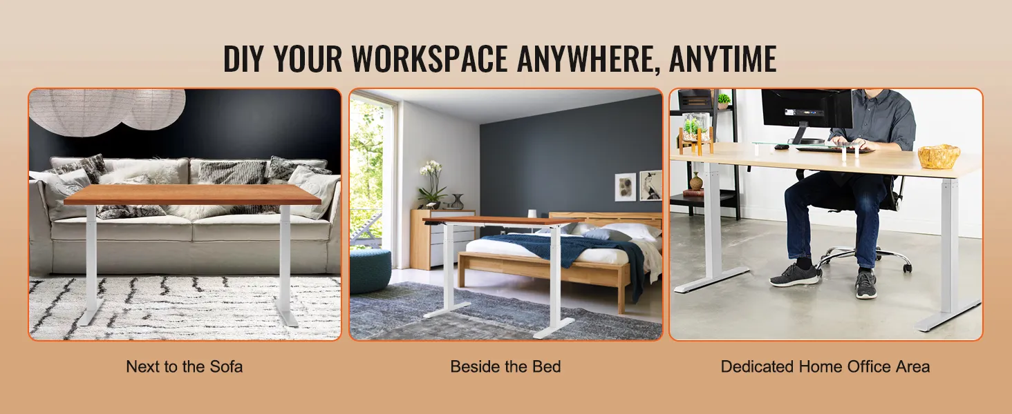 VEVOR standing desk frame in living room, bedroom, and home office for versatile workspace setup.