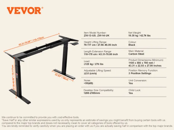 VEVOR staand bureauframe met verstelbare hoogte, koolstofstaal, 3 standen, max. belasting 125 kg.