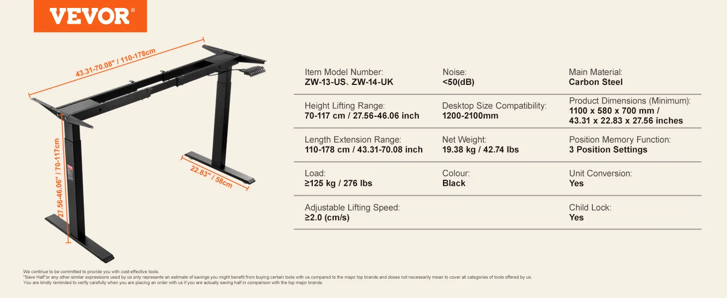 VEVOR staand bureauframe met verstelbare hoogte, koolstofstaal, 3 standen, max. belasting 125 kg.