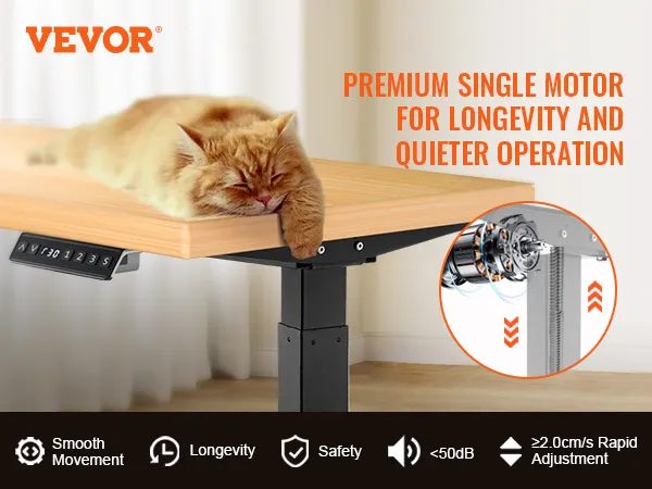 VEVOR staand bureauframe met houten blad, één motor, bedieningspaneel en een slapende kat.