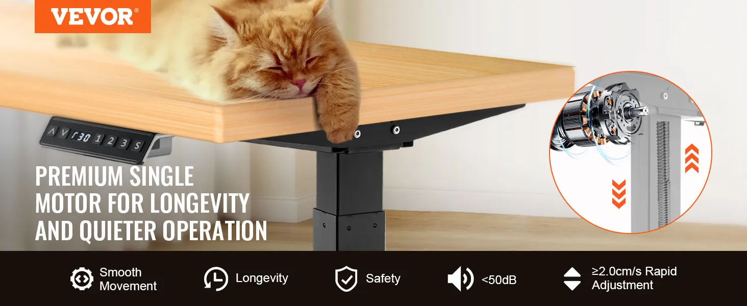 VEVOR staand bureauframe met houten blad, één motor, bedieningspaneel en een slapende kat.