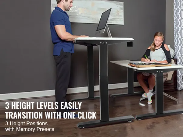 VEVOR staand bureauframe met 3 hoogteniveaus, one-touch overgang en geheugenpresets.
