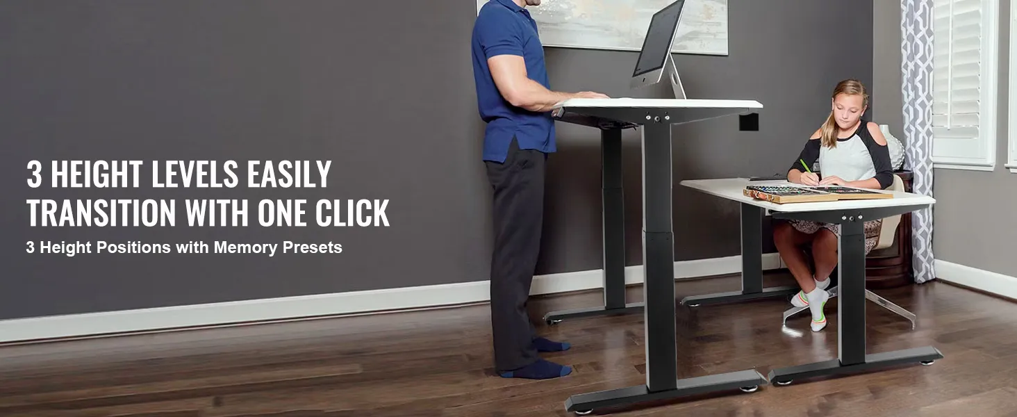 VEVOR staand bureauframe met 3 hoogteniveaus, one-touch overgang en geheugenpresets.