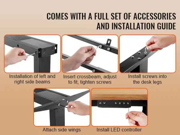 Montagestappen voor het VEVOR-bureauframe met instructies: installatie van de balk, bevestiging van de dwarsbalk, schroeven, led-controller.