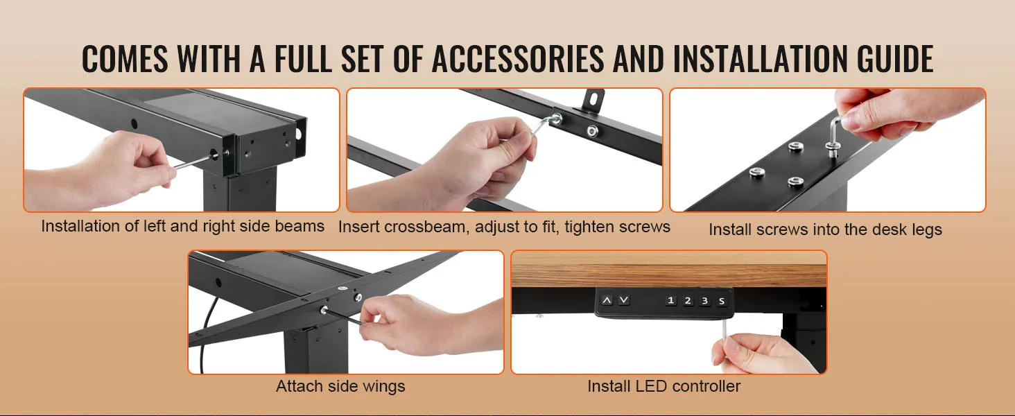 Montagestappen voor het VEVOR-bureauframe met instructies: installatie van de balk, bevestiging van de dwarsbalk, schroeven, led-controller.