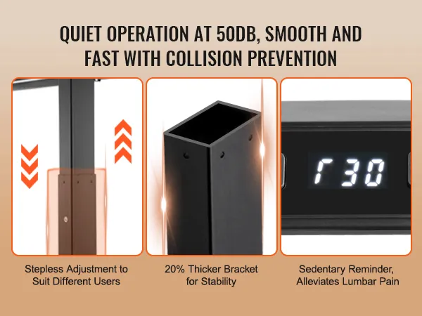 VEVOR staand bureauframe met stille werking, traploze verstelling, dikkere beugel en zitherinnering.