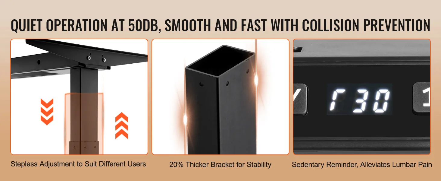 VEVOR staand bureauframe met stille werking, traploze verstelling, dikkere beugel en zitherinnering.