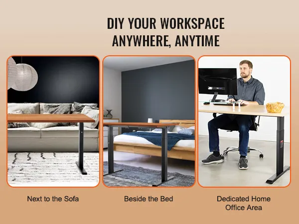 drie werkplekken met VEVOR-bureau: naast de sofa, naast het bed, en in een thuiskantoor.