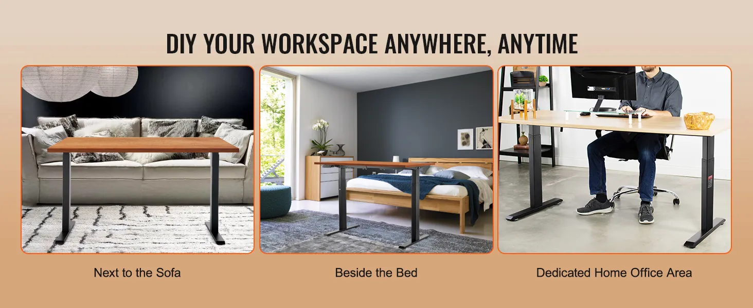 drie werkplekken met VEVOR-bureau: naast de sofa, naast het bed, en in een thuiskantoor.