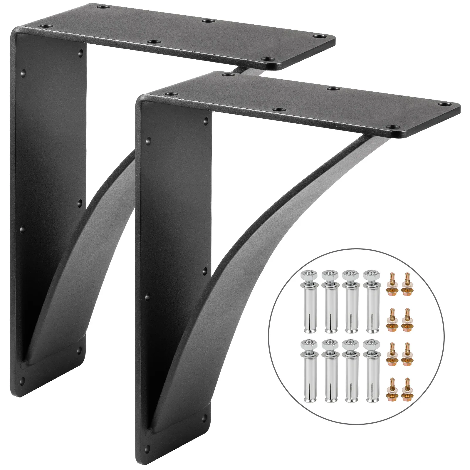 Soportes de estante resistentes VEVOR con tornillos y anclajes sobre fondo blanco.