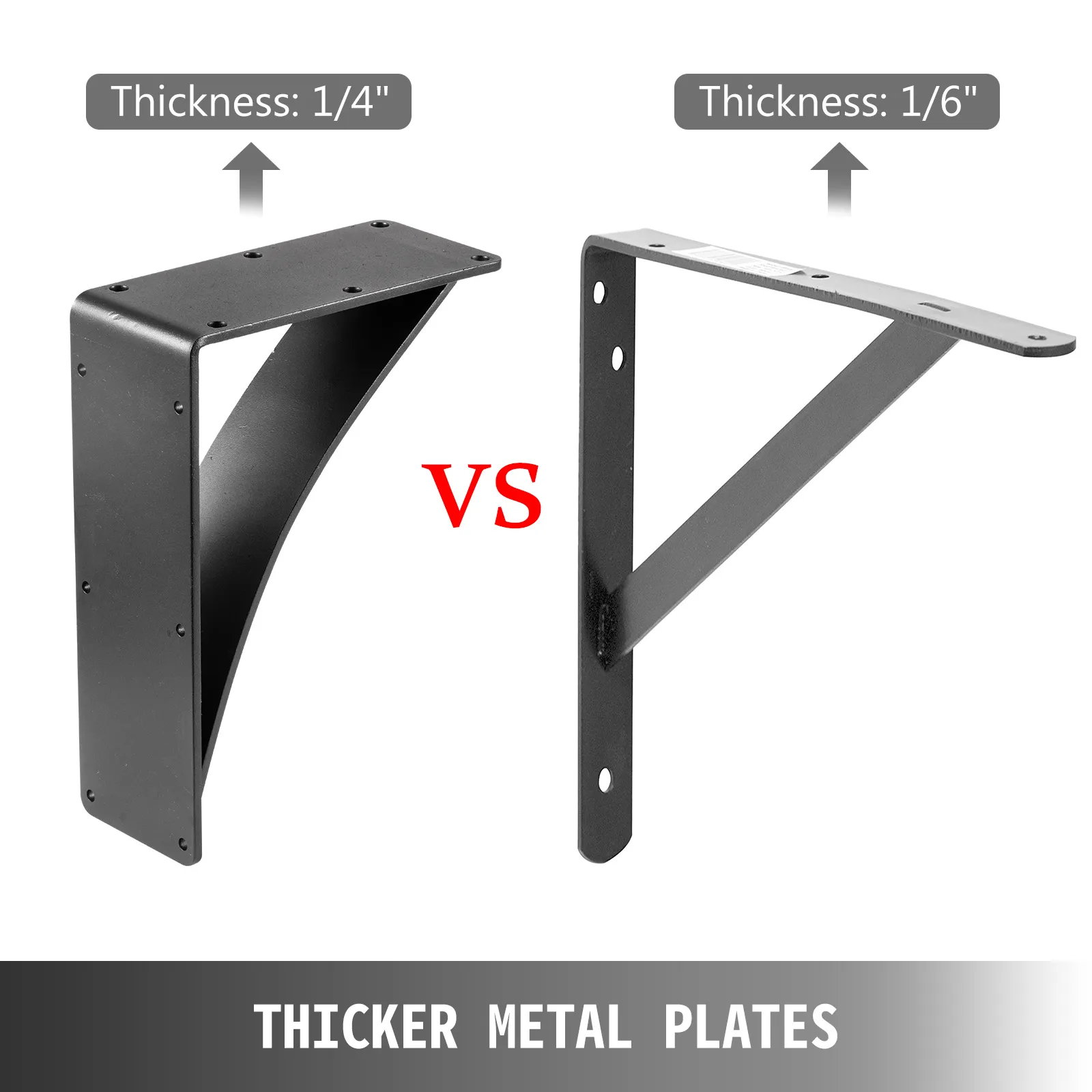 Comparación de soportes para estantes de alta resistencia VEVOR: grosor de 1/4" frente a 1/6". Placas de metal más gruesas.