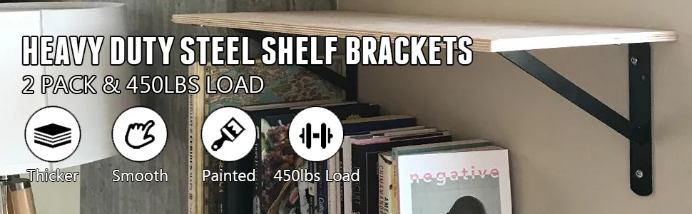 VEVOR heavy duty shelf brackets holding wooden shelf with books and lamp nearby