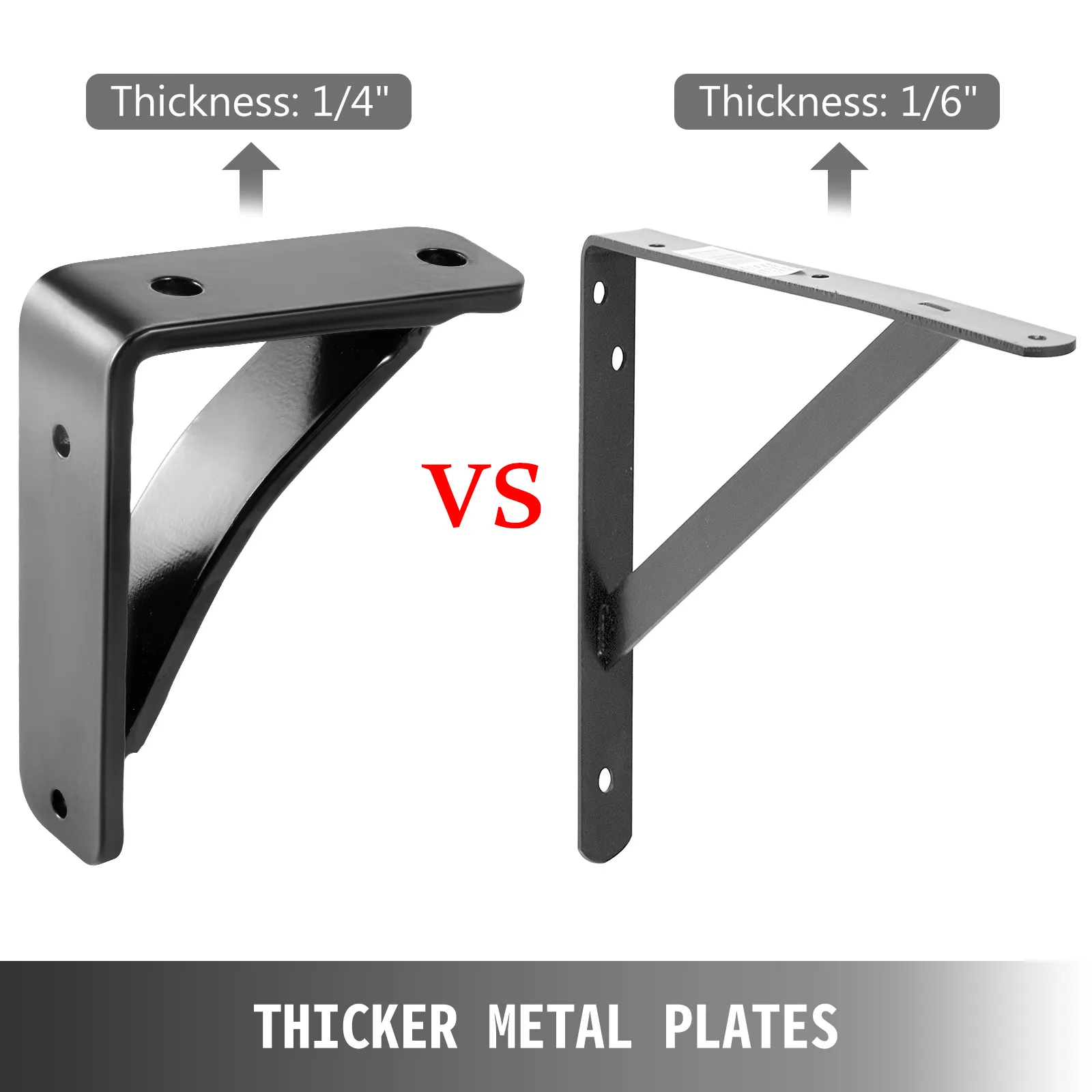 VEVOR heavy duty shelf brackets with varying thickness, showcasing sturdiness.
