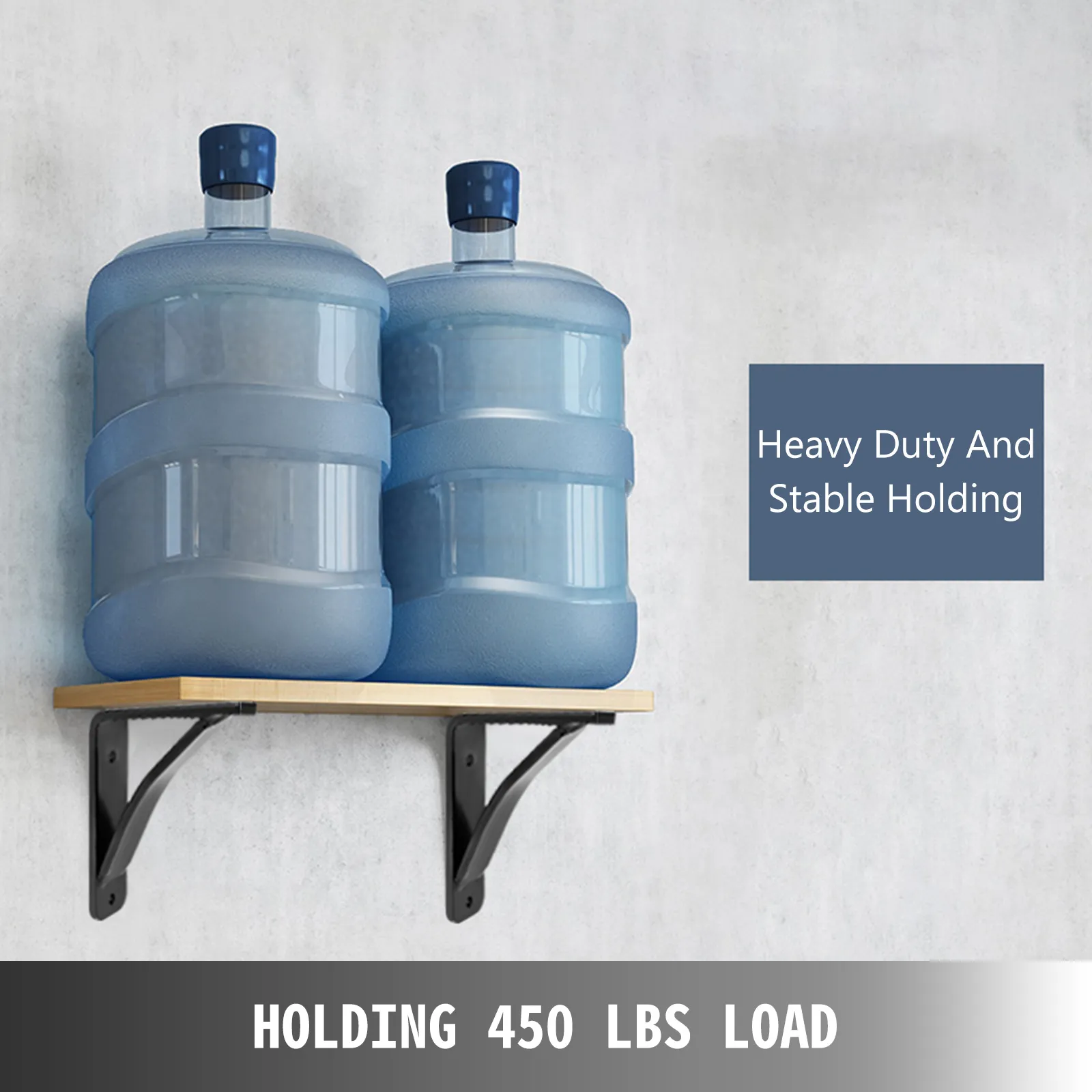 VEVOR heavy duty shelf brackets holding large water containers on a wooden shelf.
