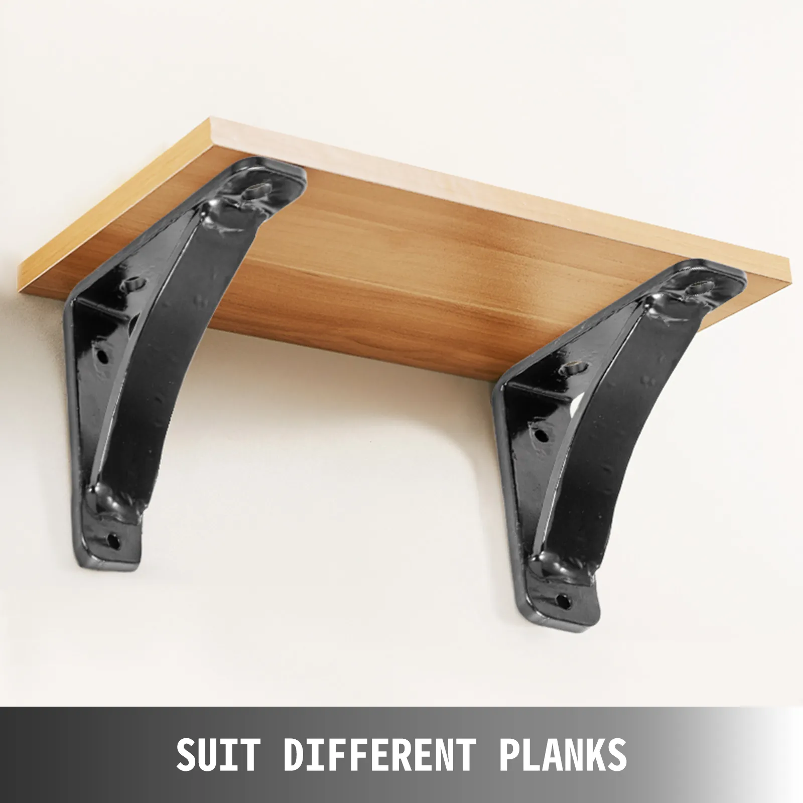 VEVOR heavy duty shelf brackets supporting a wooden plank with text "suit different planks".