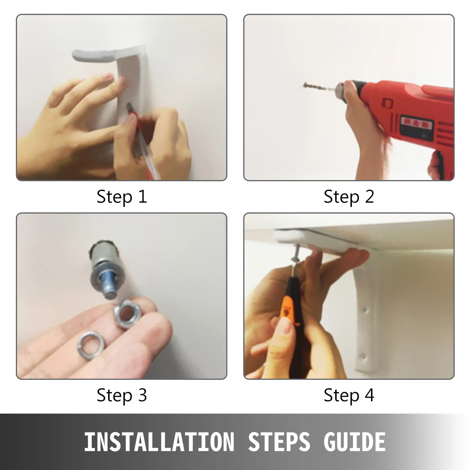 installation guide for VEVOR heavy duty shelf brackets in 4 steps.