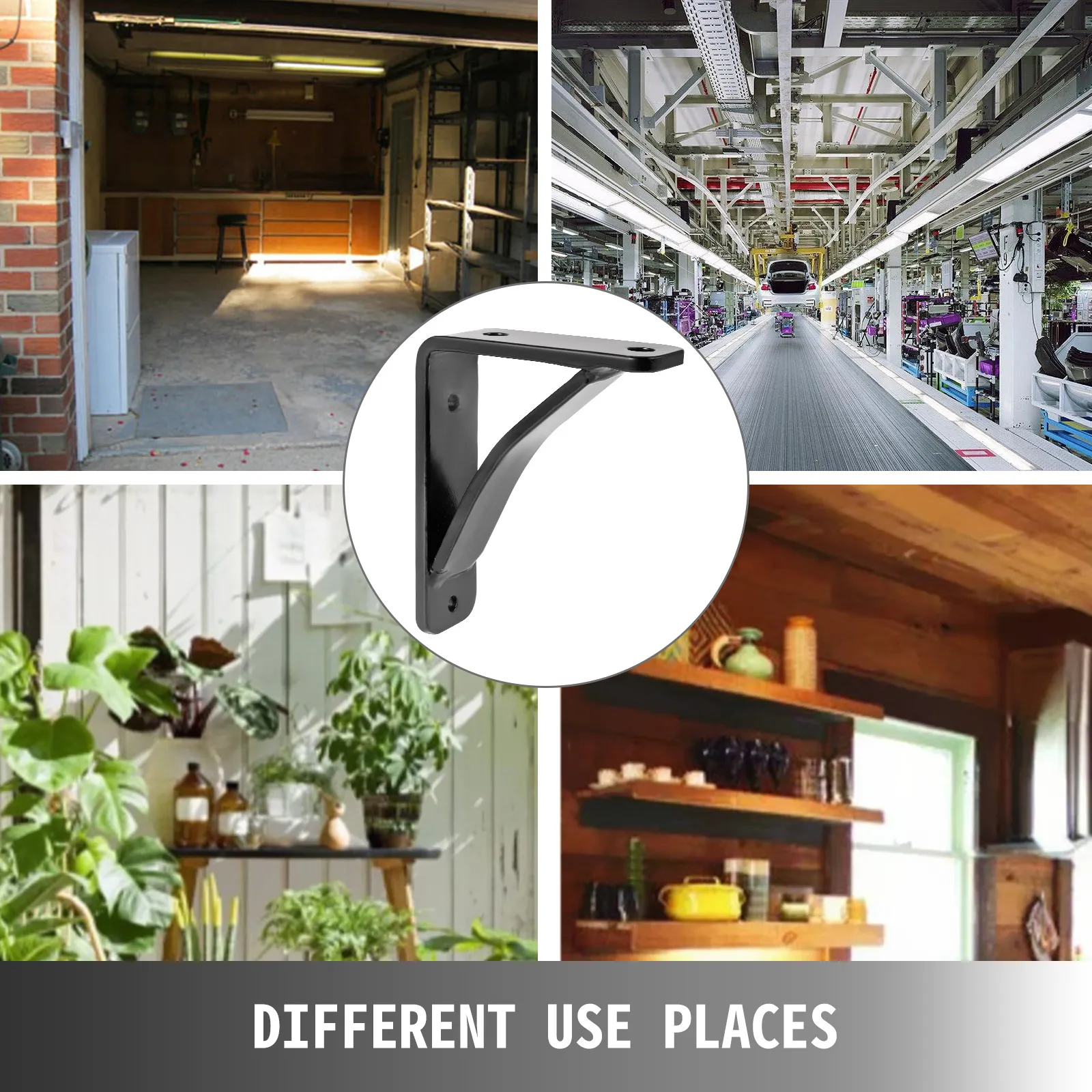 VEVOR heavy duty shelf brackets used in garages, factories, greenhouses, and kitchens.