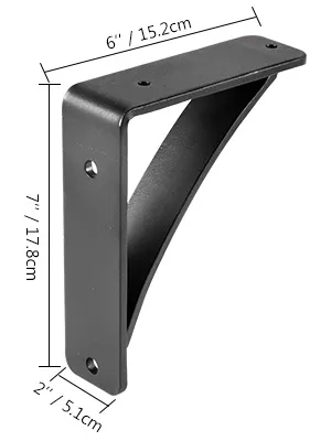 VEVOR steel shelf brackets, black, 6x2 inches dimensions with mounting holes.